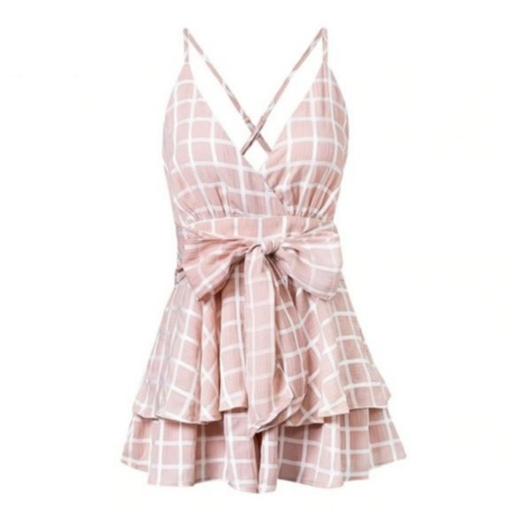 belted blush pink cami surplice ruffle hem romper - Picture 2 of 3